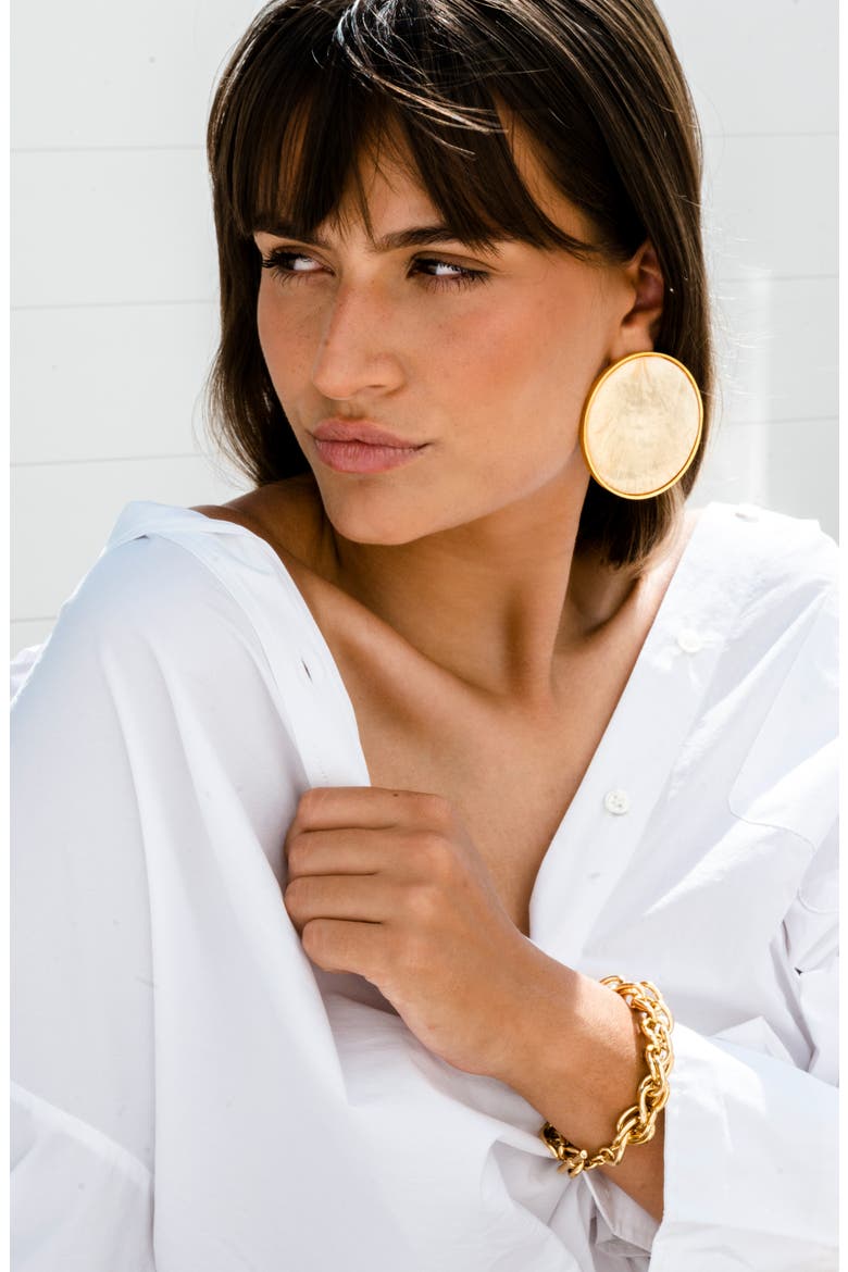 Bezel Set Shell Earrings, Alternate, color, 14K GOLD