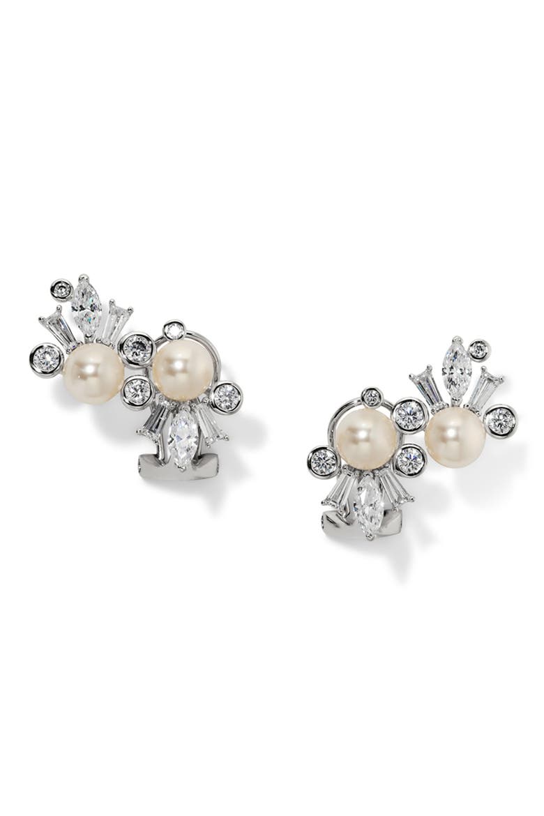 Undersea Cubic Zirconia and Imitation Pearl Climber Earrings, Main, color, RHODIUM