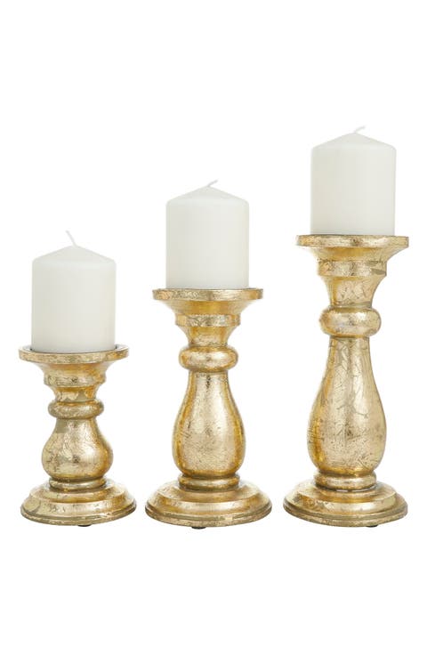 Goldtone Mango Wood Turned Style Pillar Candle Holder - Set of 3