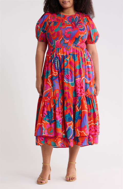 Kahlia Tropics Aruba Smocked Midi Dress (Plus)