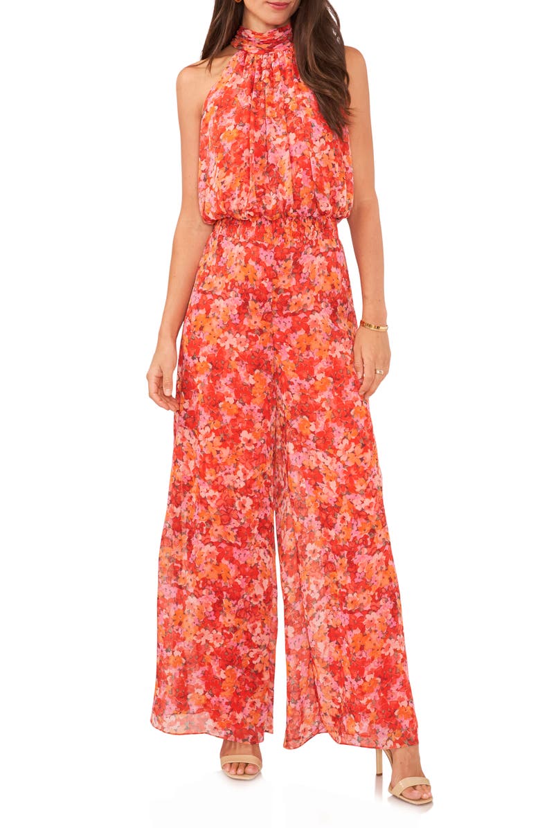 Vince Camuto Floral Halter Sleeveless Wide Leg Plissé Jumpsuit, Main, color,