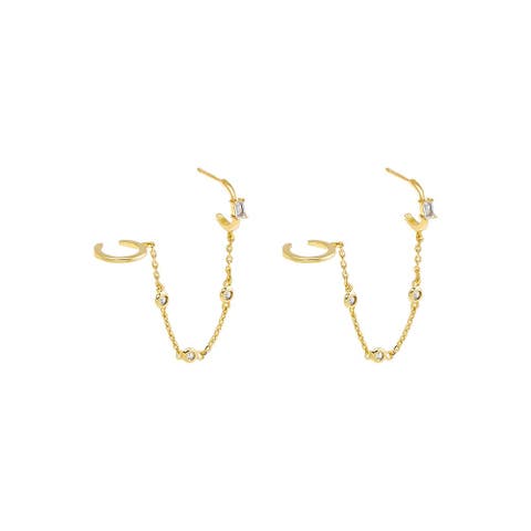 CZ Bezel Chain Hoop X Ear Cuff Earring