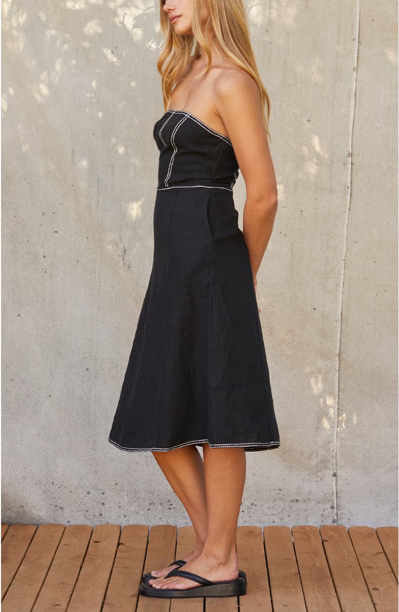 CRESCENT Embroidered Contrast Stitch Tube Linen Midi Dress, Alternate, color, Black