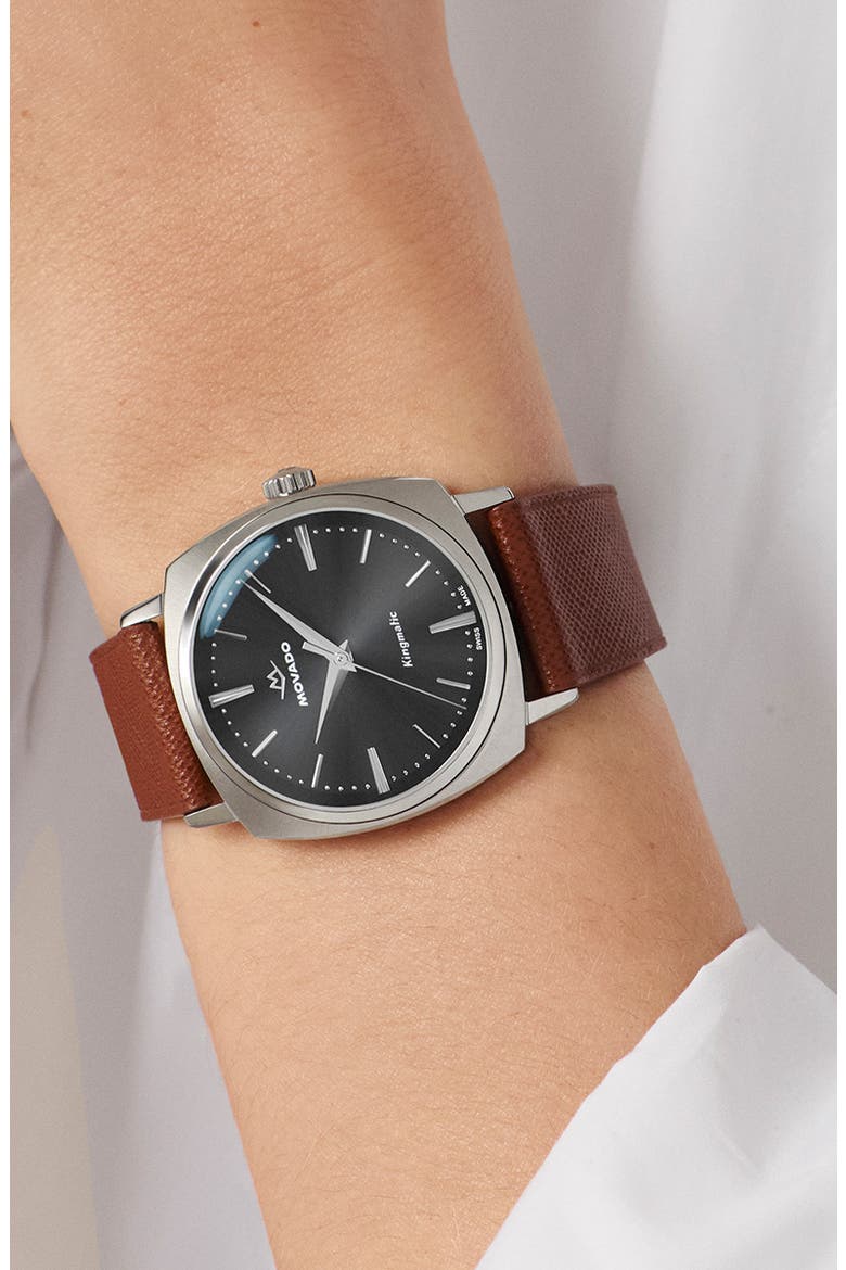 Kingmatic Automatic Leather Strap Watch, 35mm, Alternate, color, BLACK