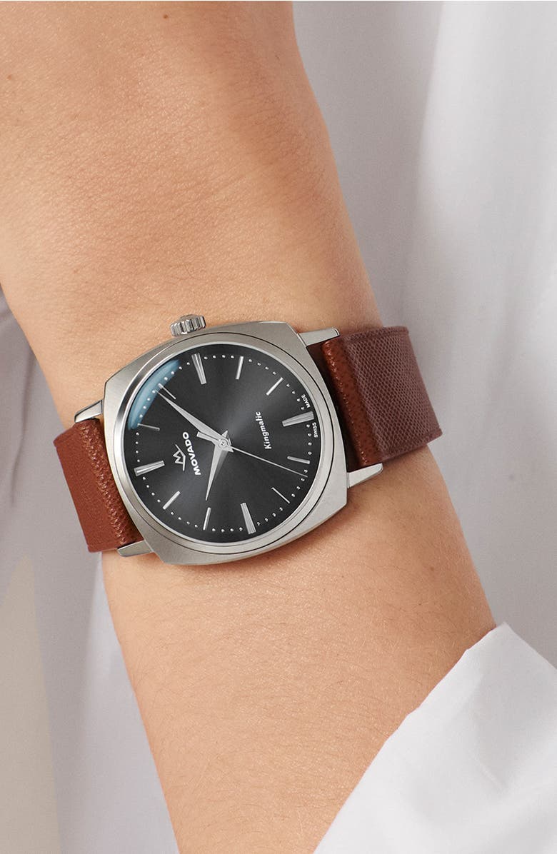 Movado Kingmatic Automatic Leather Strap Watch, 35mm, Alternate, color, 