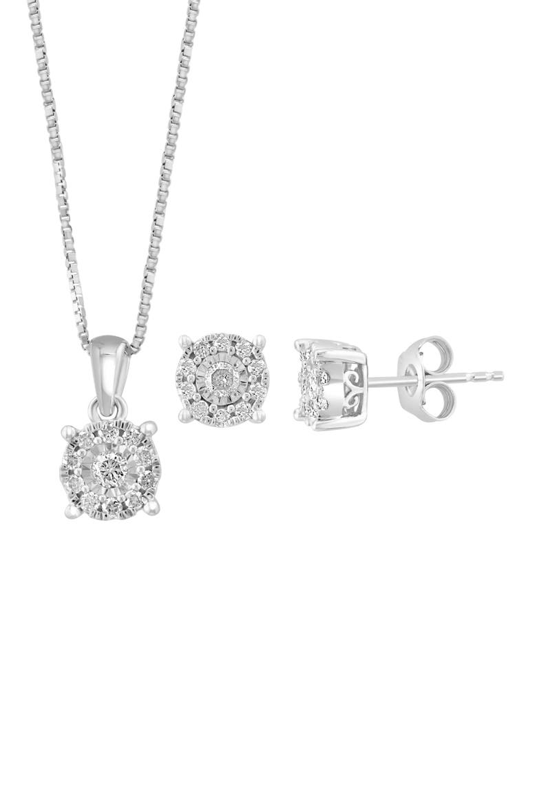 Diamond Pendant Necklace & Stud Earrings Set, Main, color, SILVER