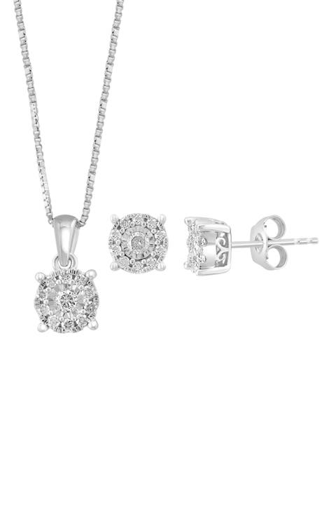 Diamond Pendant Necklace & Stud Earrings Set
