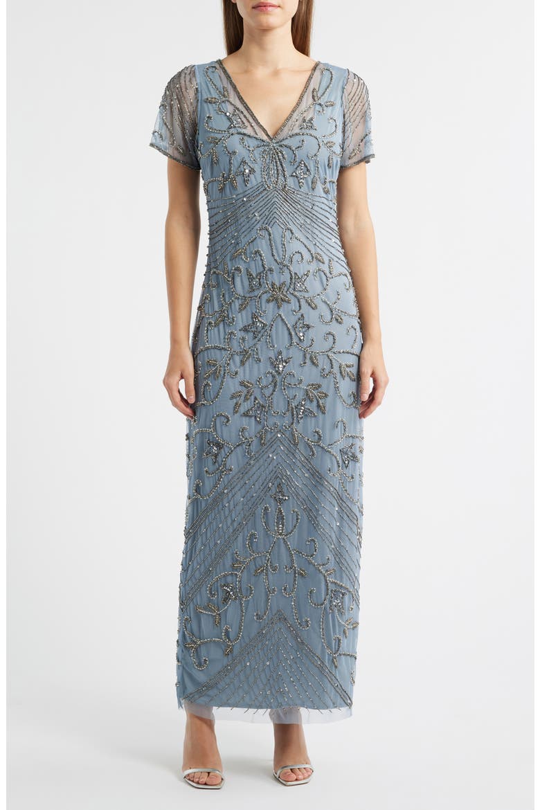 Beaded Mesh Column Gown, Main, color, SOFT BLUE 401