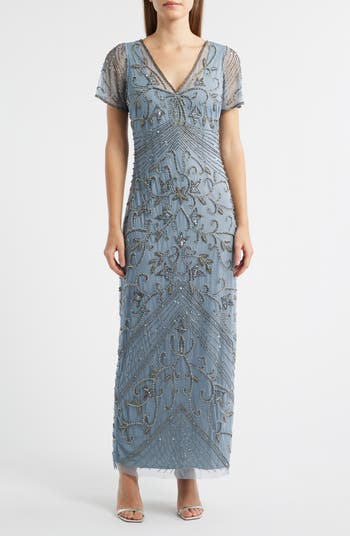 Pisarro Nights Women's Beaded Mesh Column Gown - Blue - Gowns Pisarro Nights Women's Beaded Mesh Column Gown - Blue - Gowns