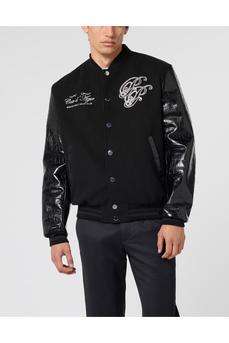 Varsity Bomber Jacket Teddy Racer Men, Main, color, black