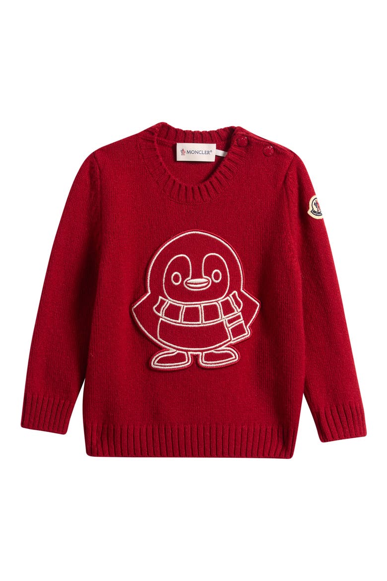 Kids' Embroidered Penguin Patch Virgin Wool & Cashmere Sweater, Main, color, RED