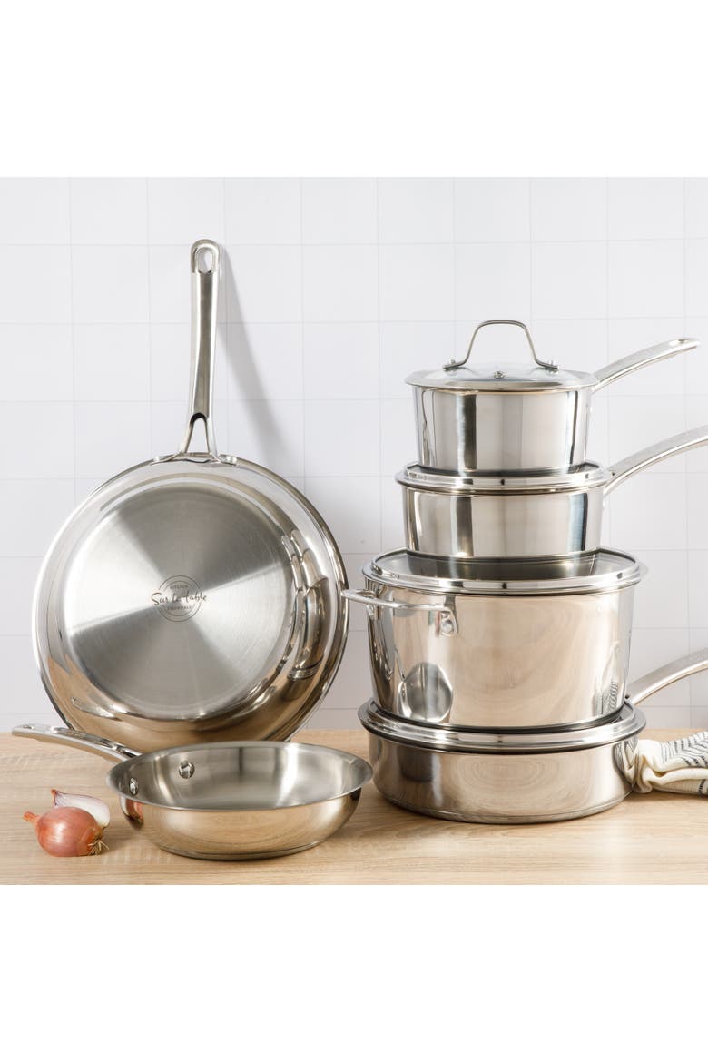 Chef's Deck 10-Piece Stainless Steel Cookware Set with Tri-Ply Encapsulated Base, Induction Safe, Alternate, color, Stainless Steel
