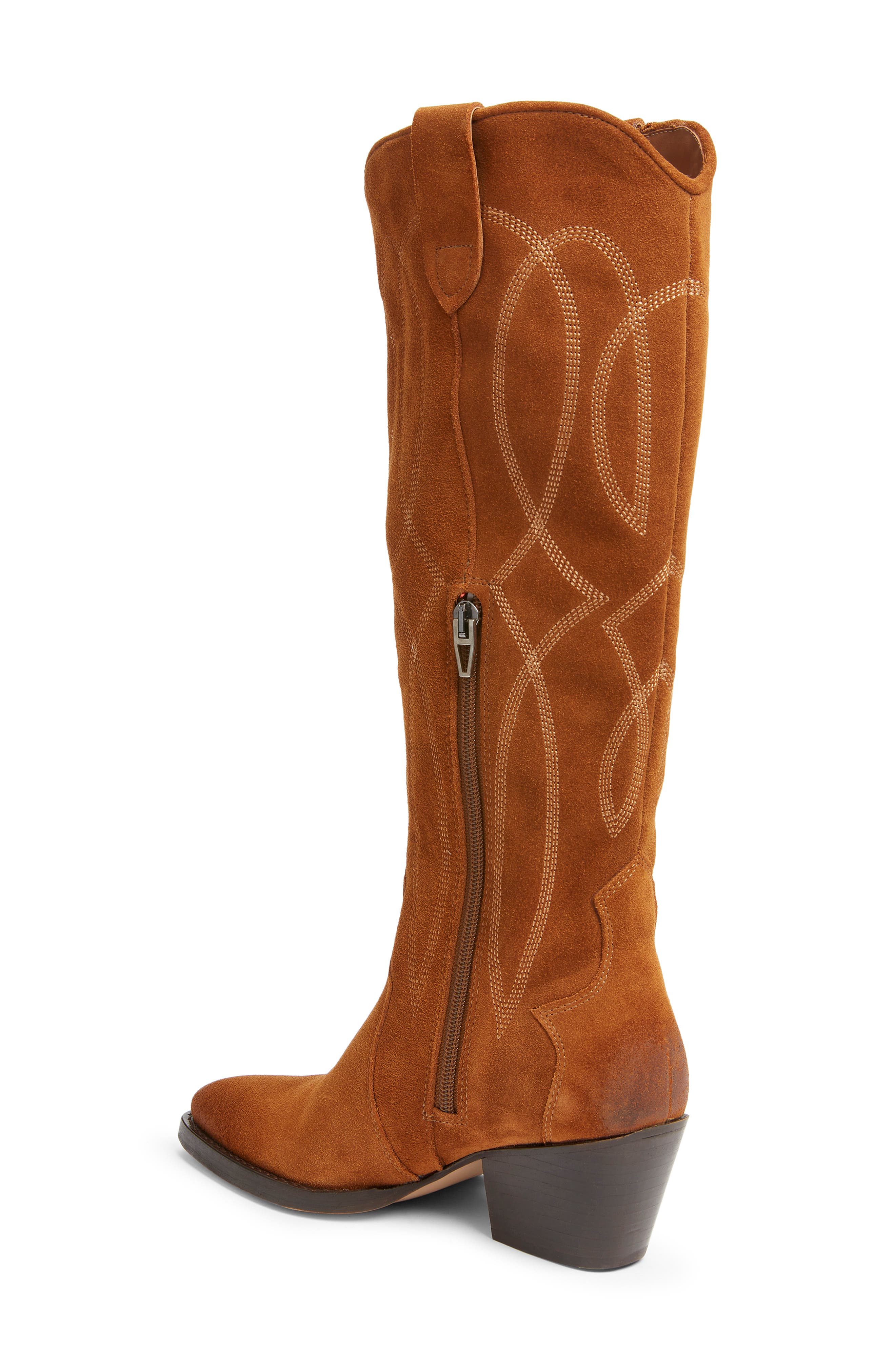 Klancy Knee High Western Boot, Alternate, color, COGNAC SUEDE