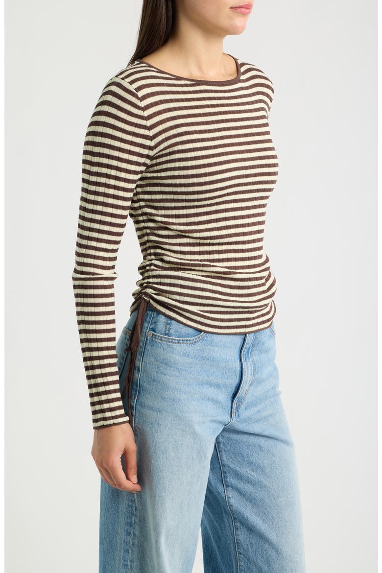 Stripe Drawstring Ruched Rib Top, Alternate, color, BROWN
