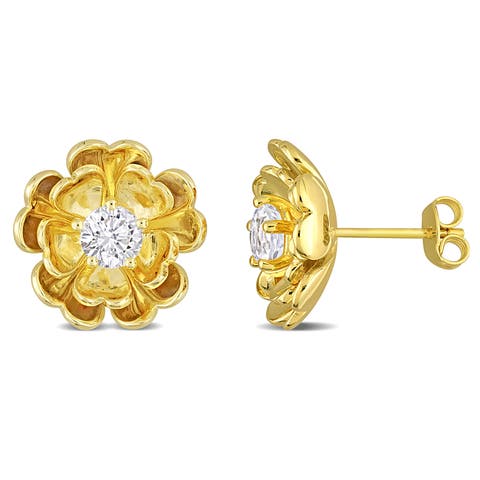 White Topaz Floral Stud Earrings Yellow Silver