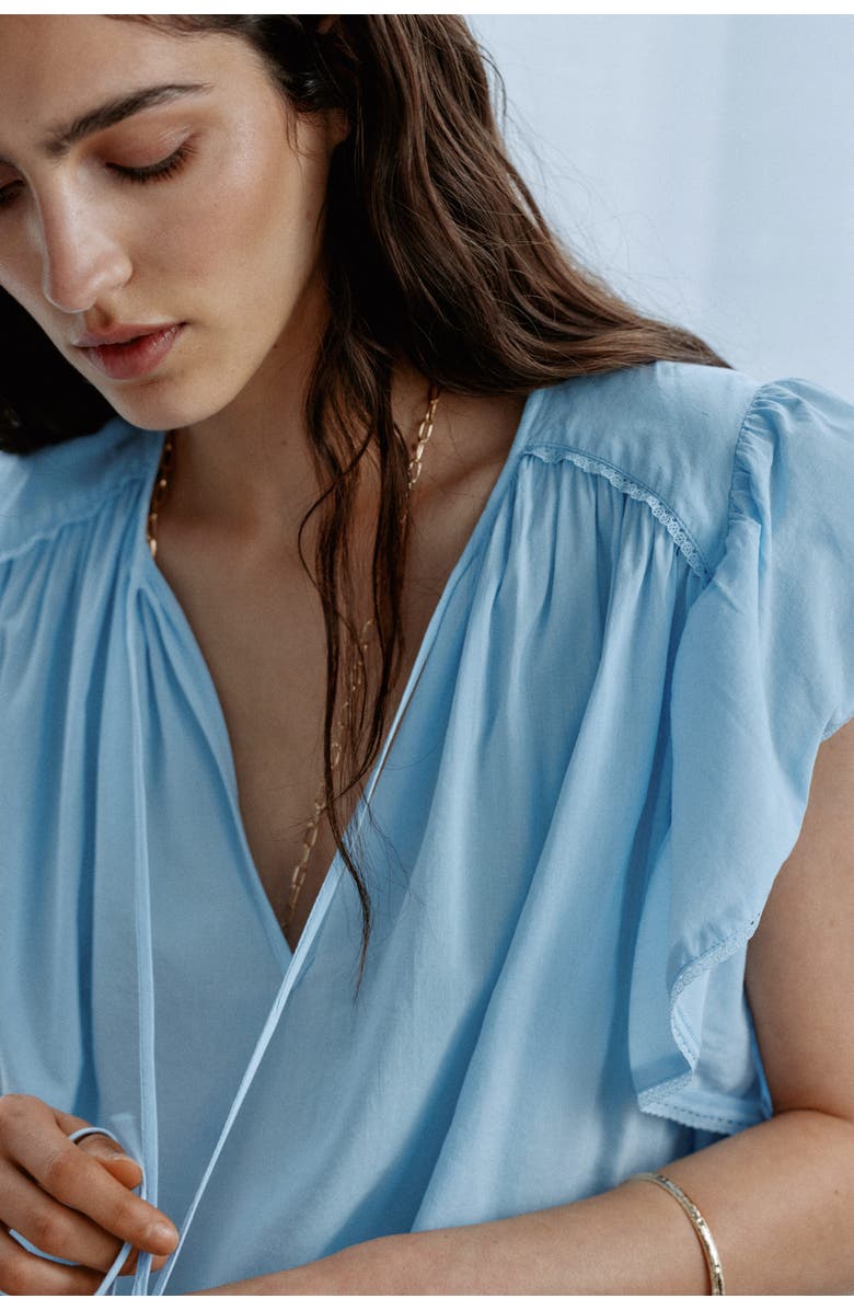 H&M Flutter-sleeved Lace-trimmed Blouse, Alternate, color, Light Blue