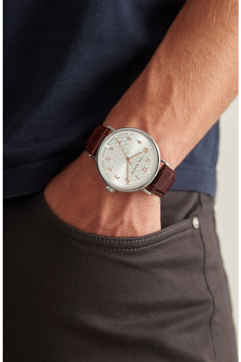 Mimosaa Leather Strap Watch, 41mm, Alternate, color, SILVER-TONE