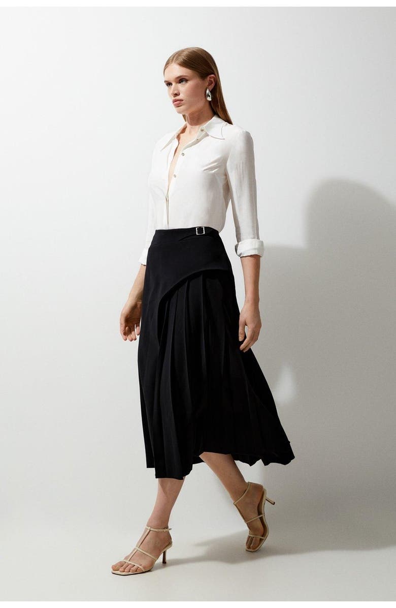 Karen Millen Buckle Detail Pleated Midi Skirt, Alternate, color, Black