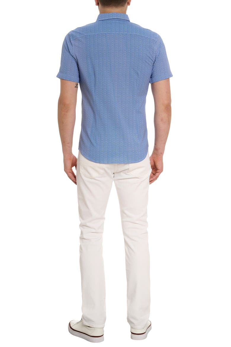 Shuler Deco Print Short Sleeve Stretch Cotton Button-Up Shirt, Alternate, color, BLUE