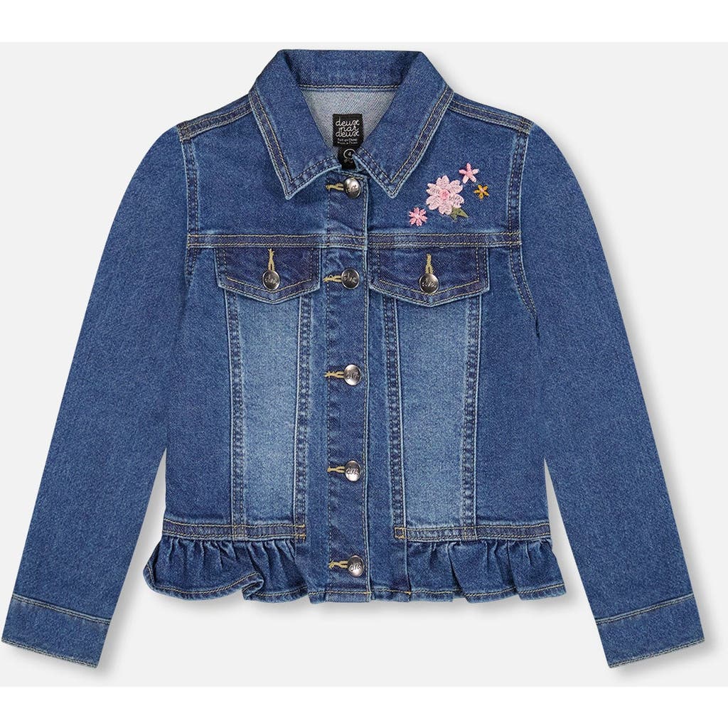 Deux Par Deux Denim Jacket With Ruffle Hem And Floral Embroidery In Blue
