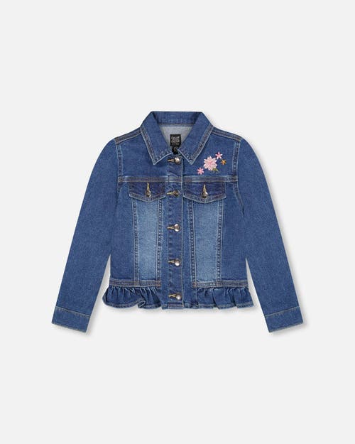 Deux Par Deux Denim Jacket With Ruffle Hem And Floral Embroidery In Blue