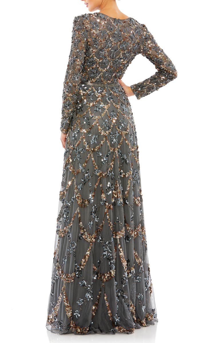 Mac Duggal Embellished Illusion High Neck Long Sleeve A Line Gown, Alternate, color, Charcoal