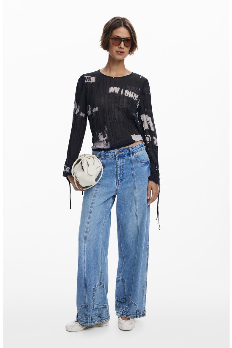 Print Crinkle Top, Alternate, color, BLACK