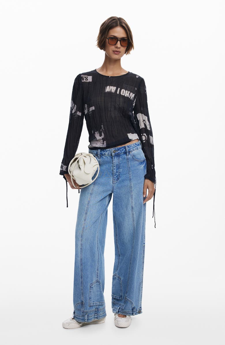 Desigual Print Crinkle Top, Alternate, color, Black