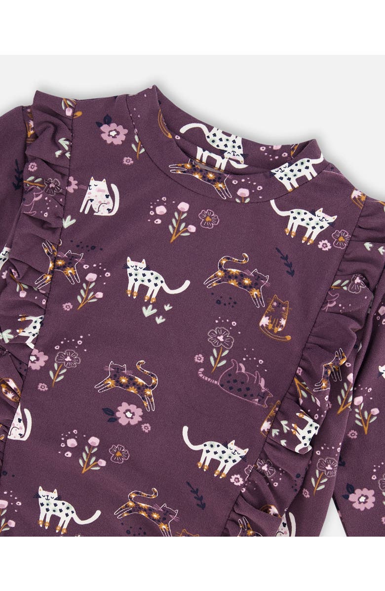 Deux par Deux Little Girl's Tunic Mauve Printed Cats And Striped Leggings Set, Alternate, color, 