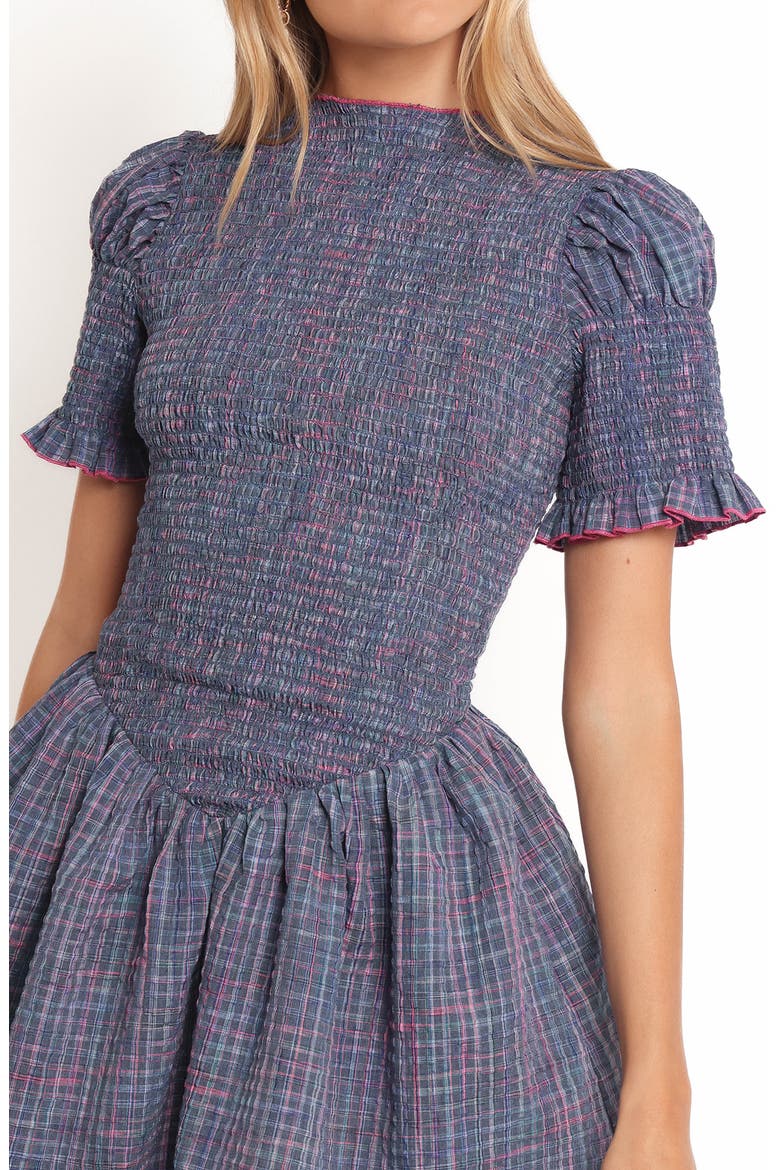 Celine Check Puff Sleeve Fit & Flare Minidress, Alternate, color, NAVY PLAID