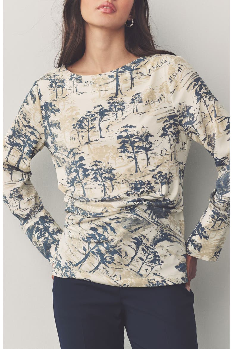 Tree Print Long Sleeve Ruched Detail Blouse, Main, color, WHITE