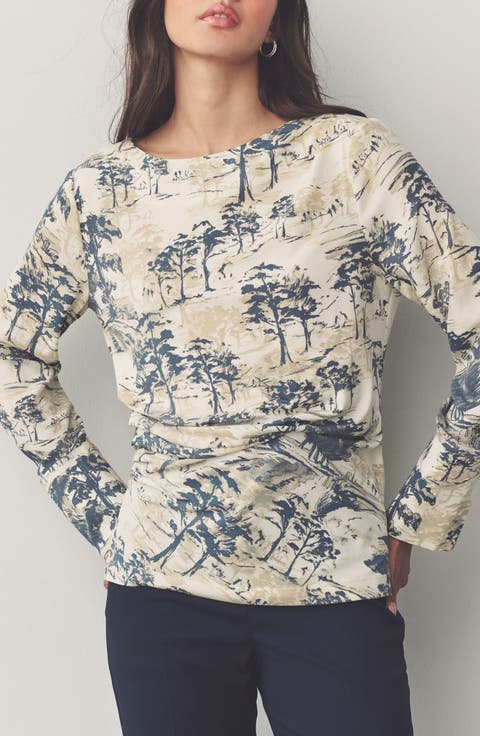 Tree Print Long Sleeve Ruched Detail Blouse