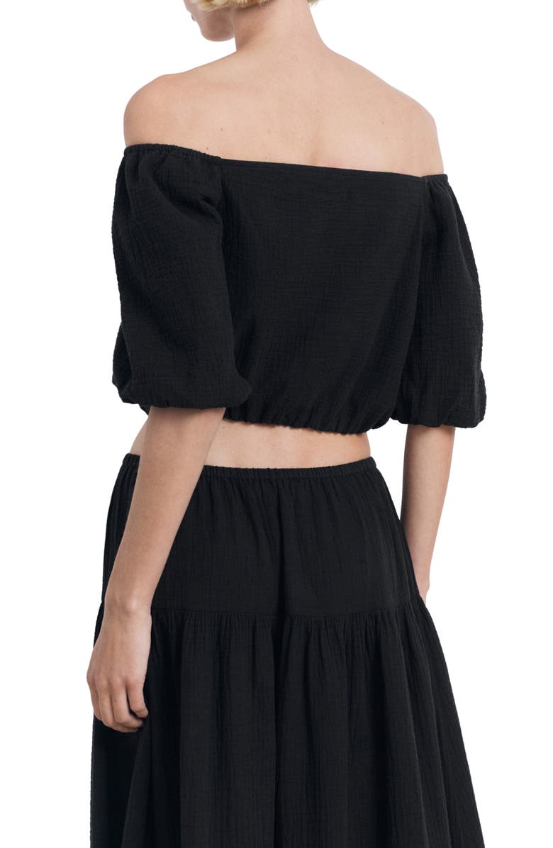 MANGO Puffed Off the Shoulder Crop Top, Alternate, color, Black