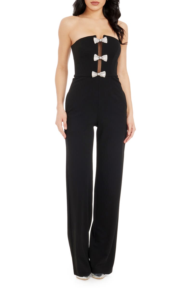 Dress the Population Erica Sequin Bow Strapless Wide Leg Jumpsuit, Main, color,
