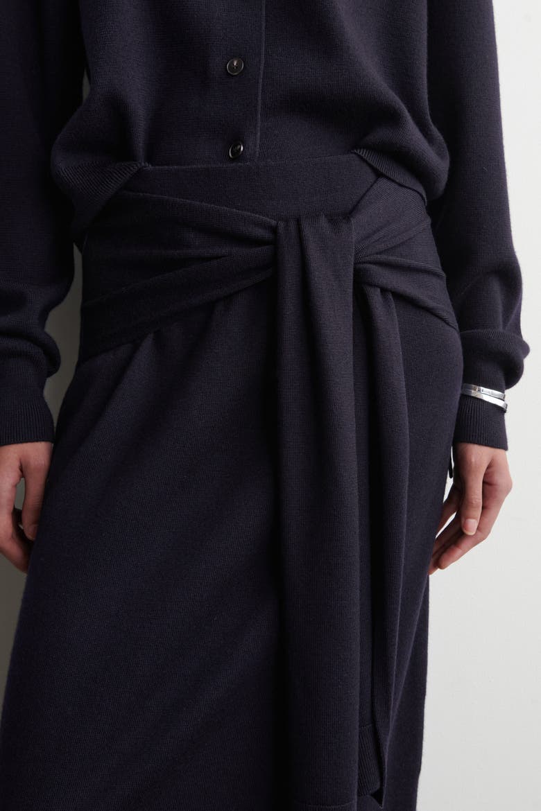 Tie-Waist Merino Wool Midi Skirt, Alternate, color, NAVY