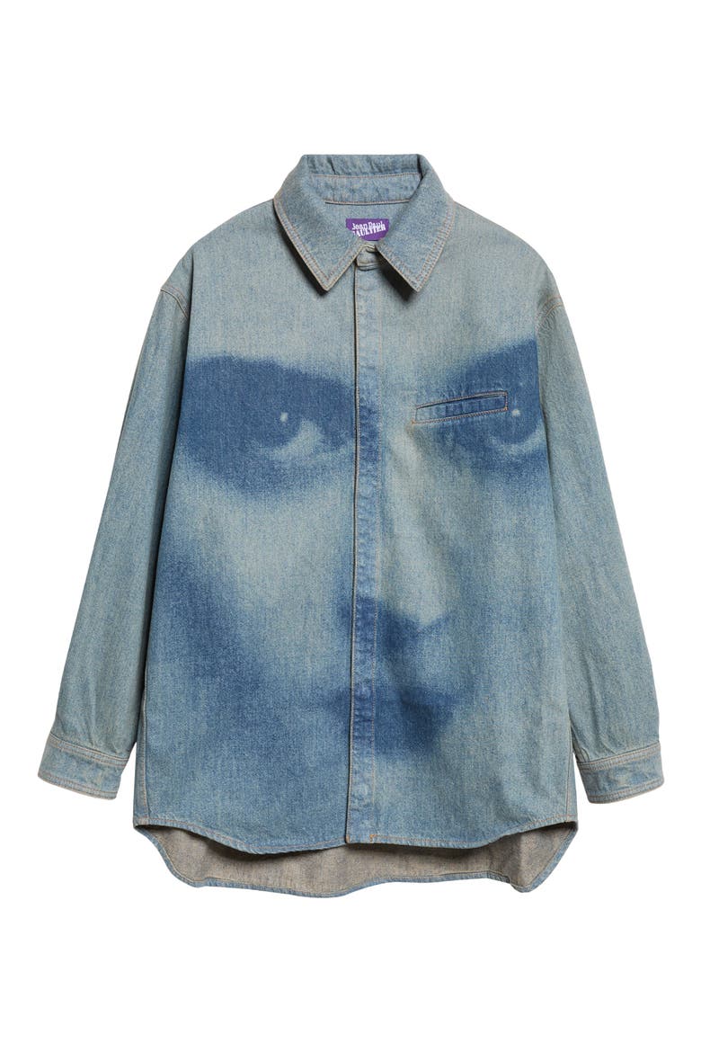 Face Print Oversized Denim Shirt, Main, color, INDIGO/ BEIGE