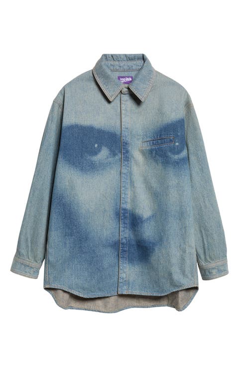 Face Print Oversized Denim Shirt
