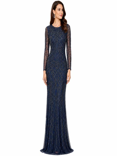High Neck, Long Sleeve Beaded Gown