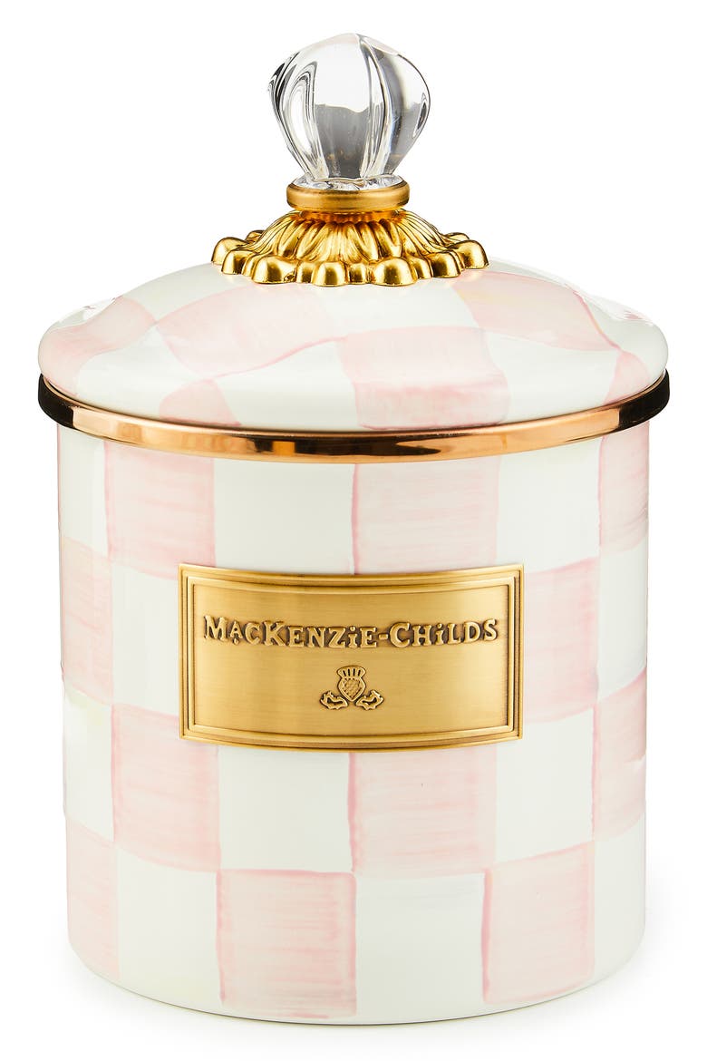 Rosy Check Enameled Steel Small Canister, Main, color, PINK/ WHITE