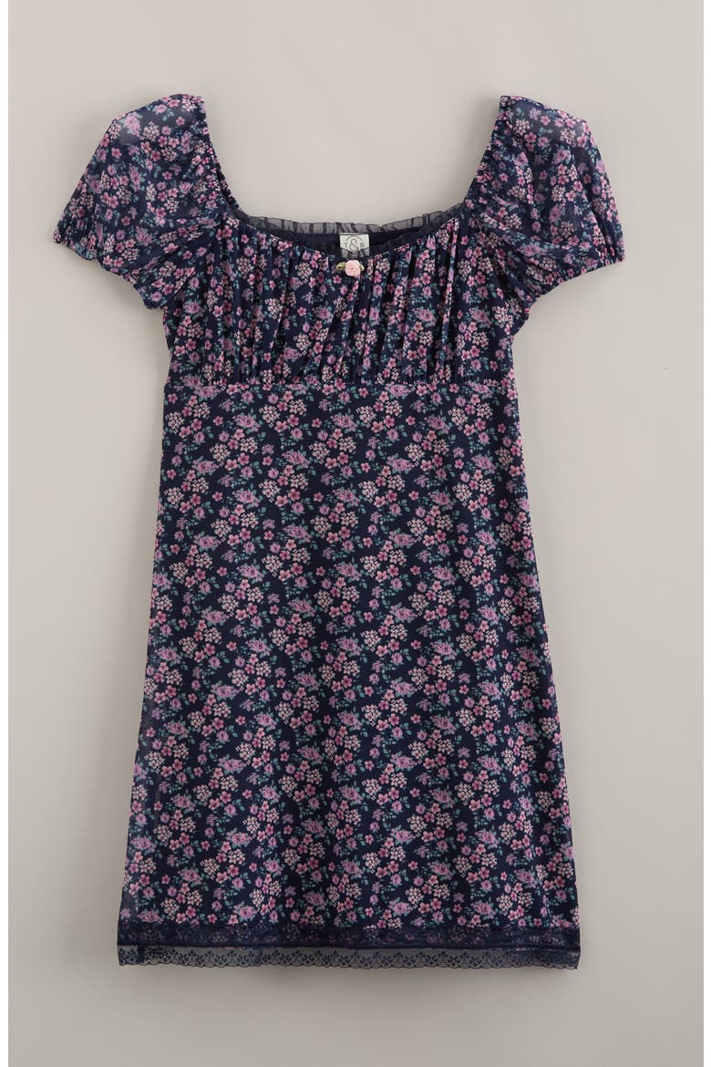 Kids' Puff Sleeve Dress Dress, Main, color, NAVY MEDIEVAL WILD GARDEN