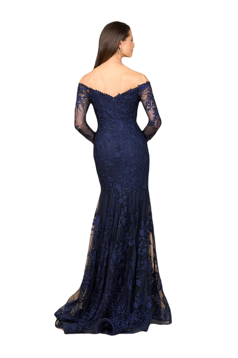 Off Shoulder Long Sleeve Mermaid Gown, Alternate, color, Navy