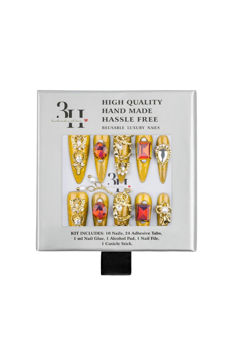 Crown Jewels Luxury Handmade Press On Nails, Main, color, gold, stiletto, long nails