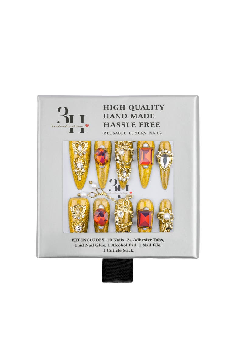 3H Nails Crown Jewels Luxury Handmade Press On Nails, Main, color, Gold, Stiletto, Long Nails
