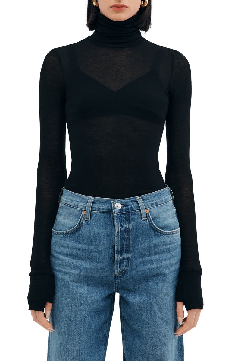 Two Lines by Marcella Tallin Sheer Turtleneck Top, Main, color, Black