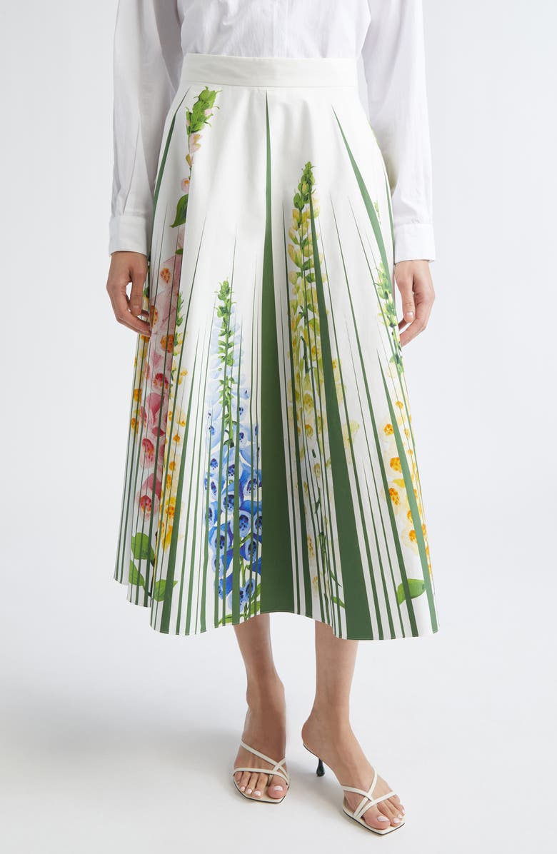 Oscar de la Renta Foxgloves Cotton Poplin Skirt, Main, color, Green Multi