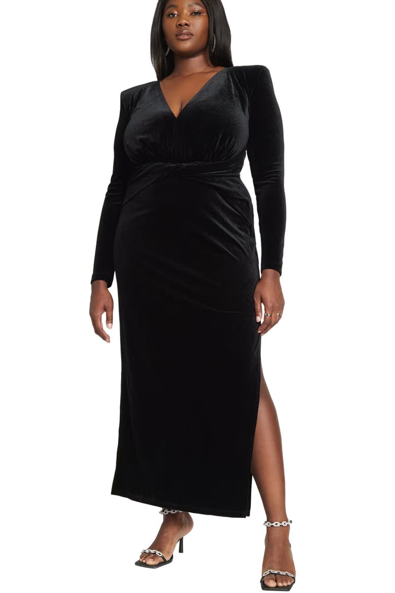 Twist Front Long Sleeve Velvet Cocktail Dress, Main, color, BLACK ONYX