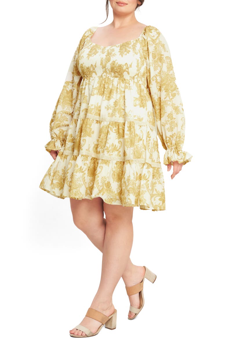 Print Long Sleeve Dress, Main, color, OFF WHITE/ YELLOW
