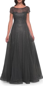 La Femme Beaded A-Line Dress with Illusion Neckline and Sleeves