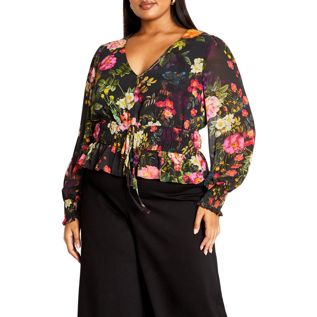 City Chic Bridgette Floral Tie Waist Top in Royal Garden Floral