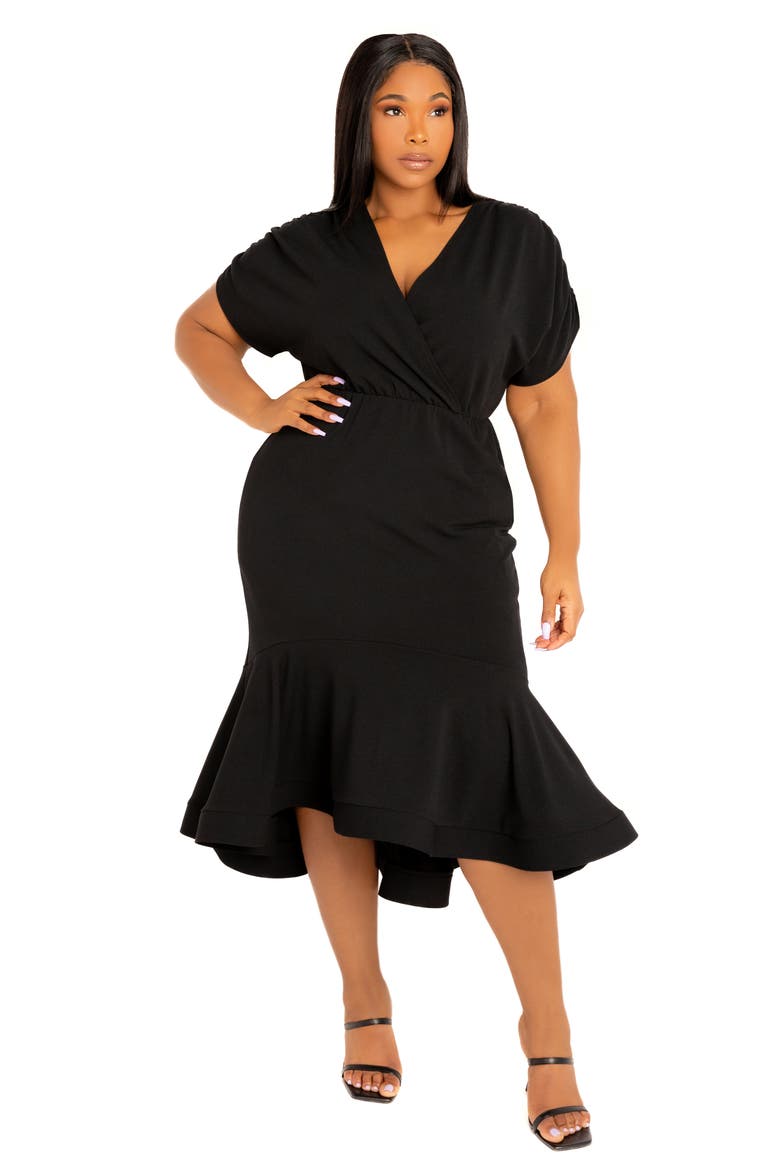 Wrap Front Flounce Hem High-Low Mermaid Midi Dress, Alternate, color, BLACK
